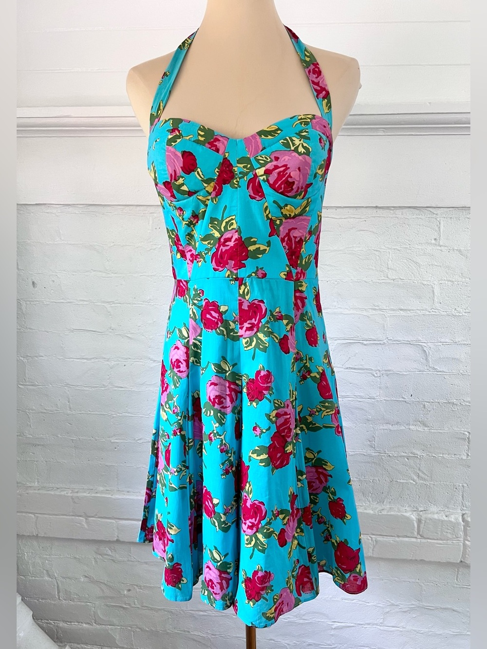 Betsey Johnson Turquoise Blue Floral Cotton Retro Halter Dress Fit And Flare 6